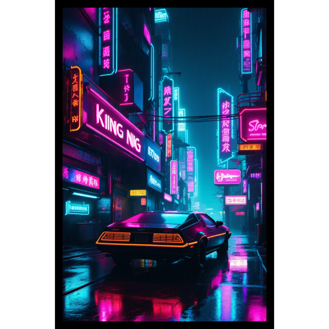 Cyberpunk Neon City Poster – Futuristic Car & City Lights Wall Art Print