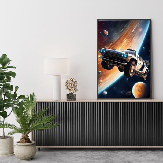 Retro Space Car Poster – Futuristic Sci-Fi Wall Art Print