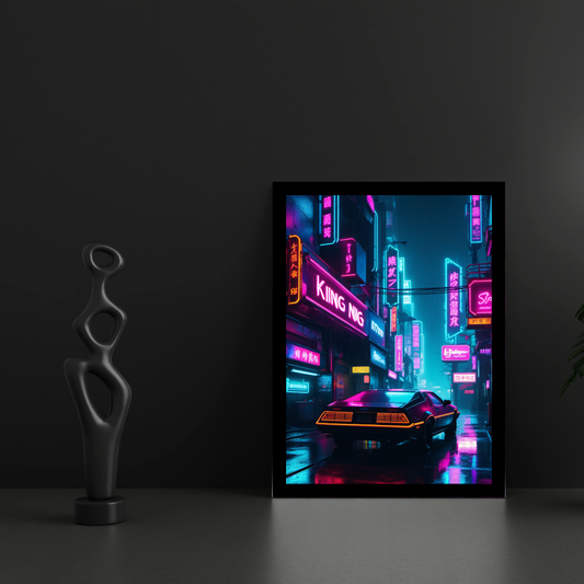 Cyberpunk Neon City Poster – Futuristic Car & City Lights Wall Art Print