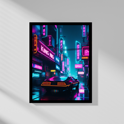 Cyberpunk Neon City Poster – Futuristic Car & City Lights Wall Art Print