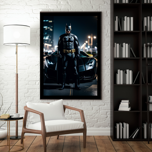 Batman with Batmobile Poster – Dark Knight Superhero Wall Art Print